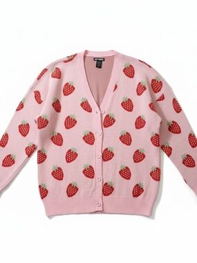 Hot Topic Pink Strawberry Print V-Neck Cardigan